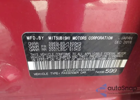 2017 Mitsubishi Lancer Es from USA, damaged, VIN JA32U2FU3HU008535